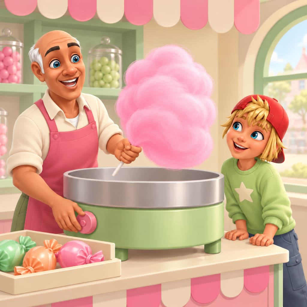Puzle Sweet Shop con una persona con delantal rosa prepara una gran nube de algodón de azúcar mientras un niño observa junto a la máquina verde, con caramelos envueltos, tarros, toldo a rayas, ventana arqueada y tienda luminosa.