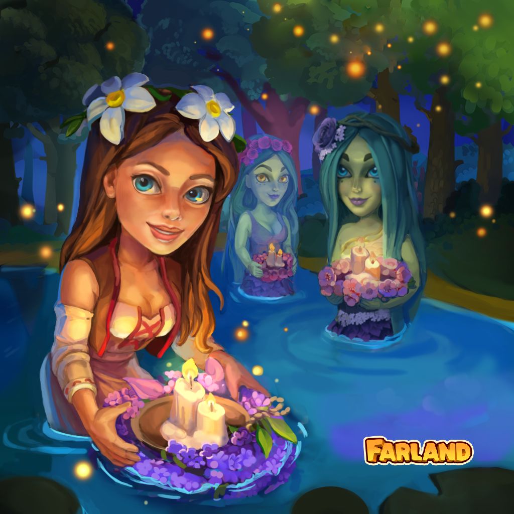 Puzzle di foresta notturna con figure nell’acqua che tengono corone floreali con candele