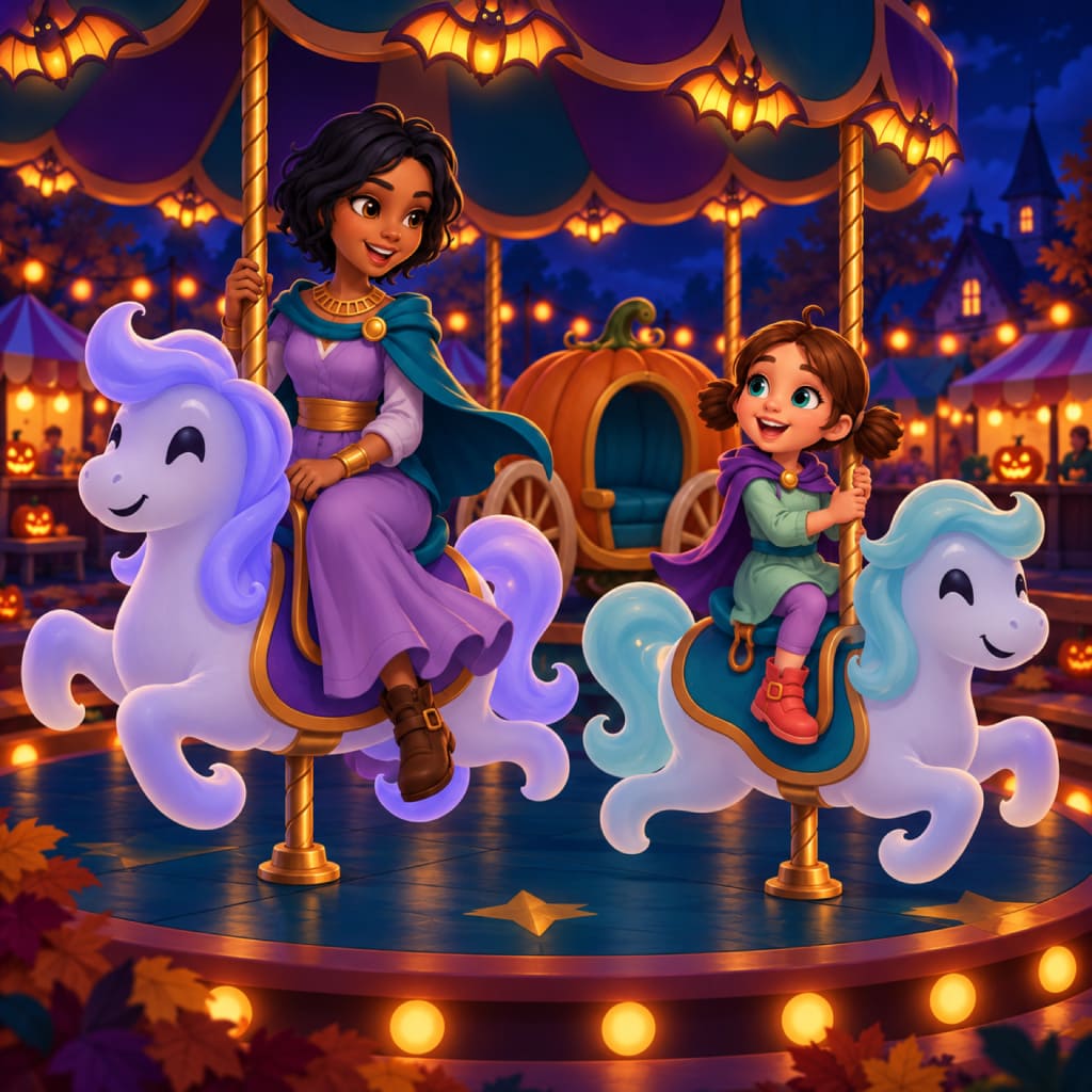 Halloween Tales Puzzle mit einer erwachsenen Person im violetten Kleid und türkisen Umhang auf einem leuchtenden lavendelfarbenen Geisterpferd neben einem Kind in Grün auf einem hellblauen Geisterpferd, dazu Kürbiskutsche, goldene Karussellstangen, Fledermauslampen, gestreifte Festzelte, leuchtende Kürbisse, Lichterketten, Herbstlaub, dunkelblauer Himmel und märchenhafte Spitzgebäude.