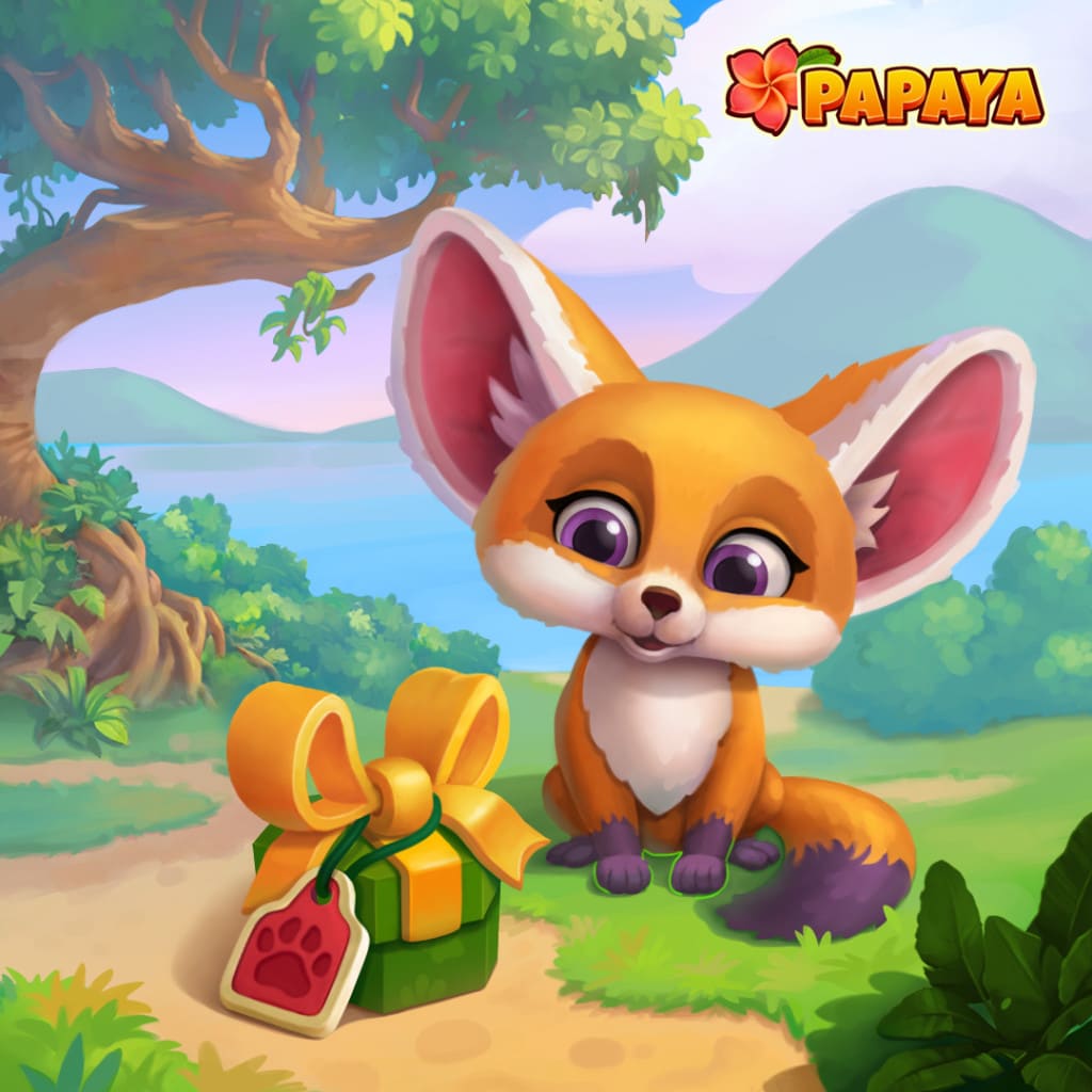 Niedlicher Fuchscharakter aus Papaya, der neben einem verpackten Geschenk mit goldener Schleife in einer hellen tropischen Landschaft sitzt und eine fröhliche, gemütliche Fantasy-Game-Atmosphäre schafft