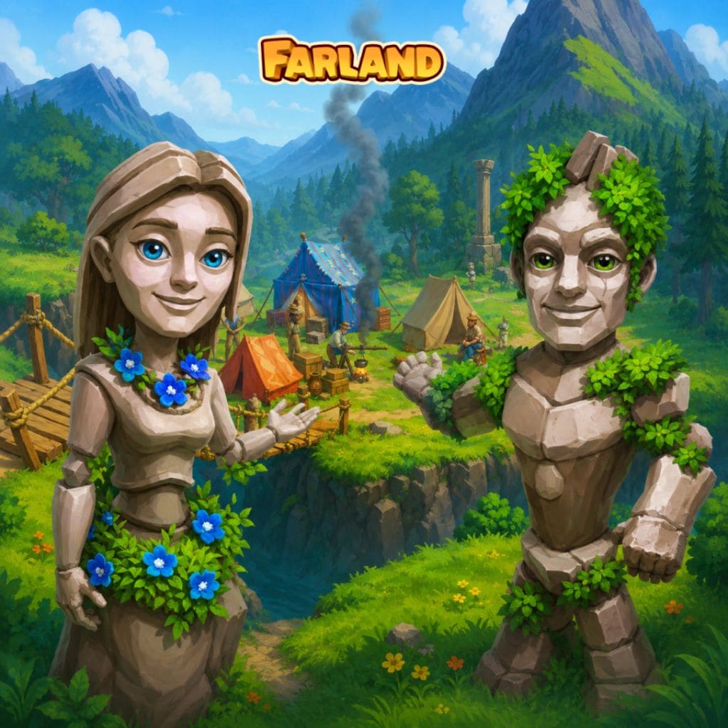 Puzzle montrant deux statues animées ornées de feuilles et de fleurs près d’un village de montagne
