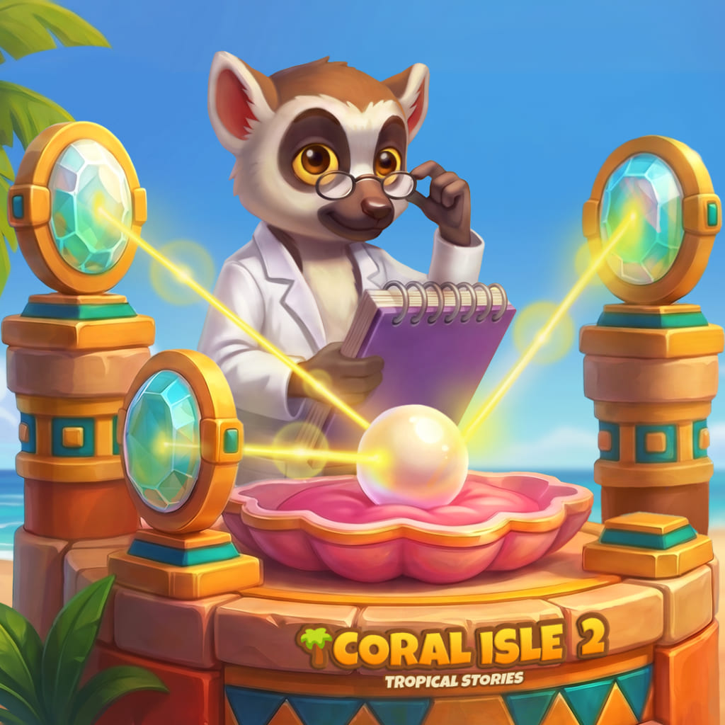 Puzzle Life is Good con un lemure scienziato con occhiali e taccuino che studia una perla luminosa in una conchiglia rosa, circondata da dispositivi di cristallo e dal logo Coral Isle 2: Tropical Stories.
