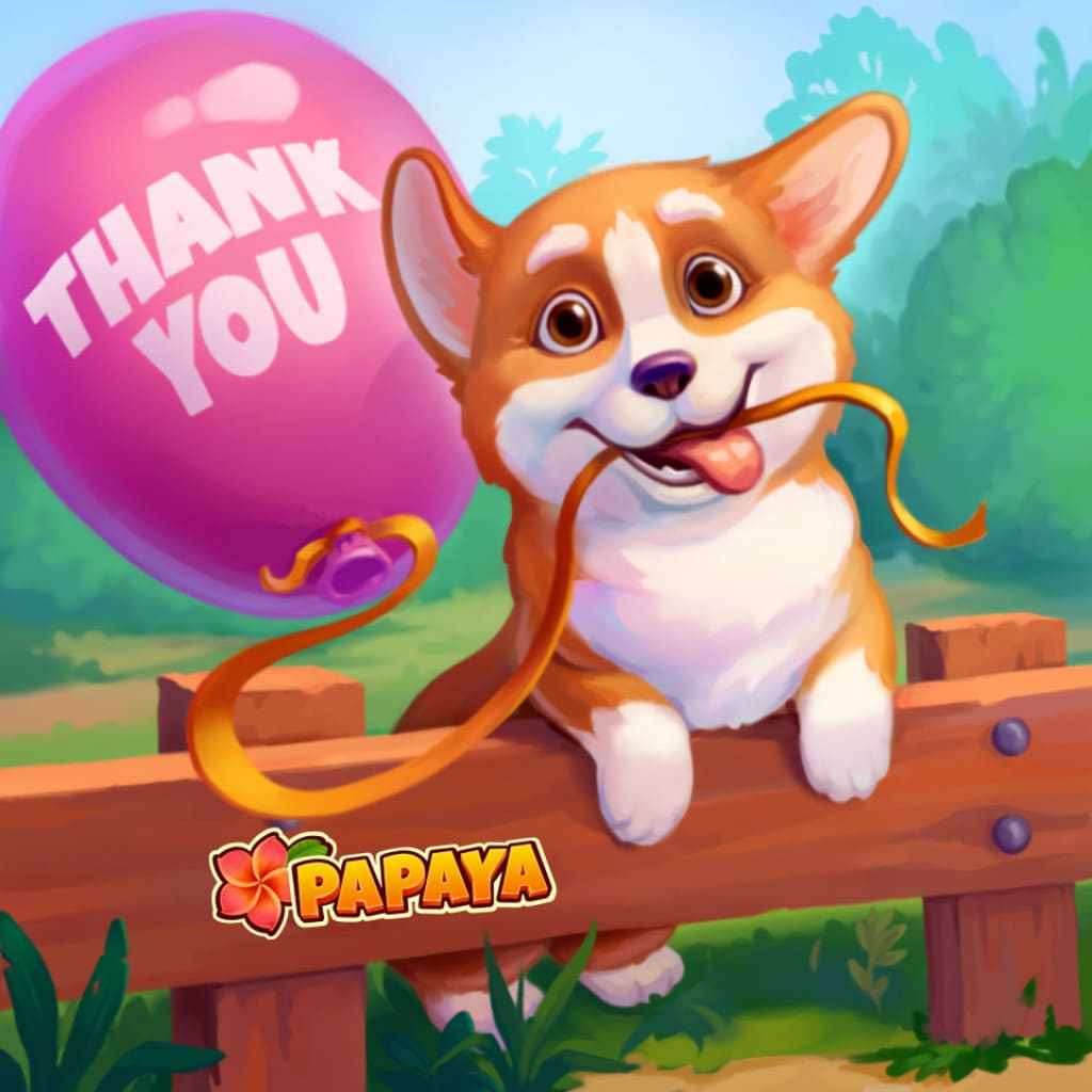Niedliches Corgi-Welpenbaby aus Papaya, das neben einem pinken „Danke“-Ballon ein Band hält und sich an einen Holzzaun lehnt, in einer hellen tropischen Cartoon-Landschaft