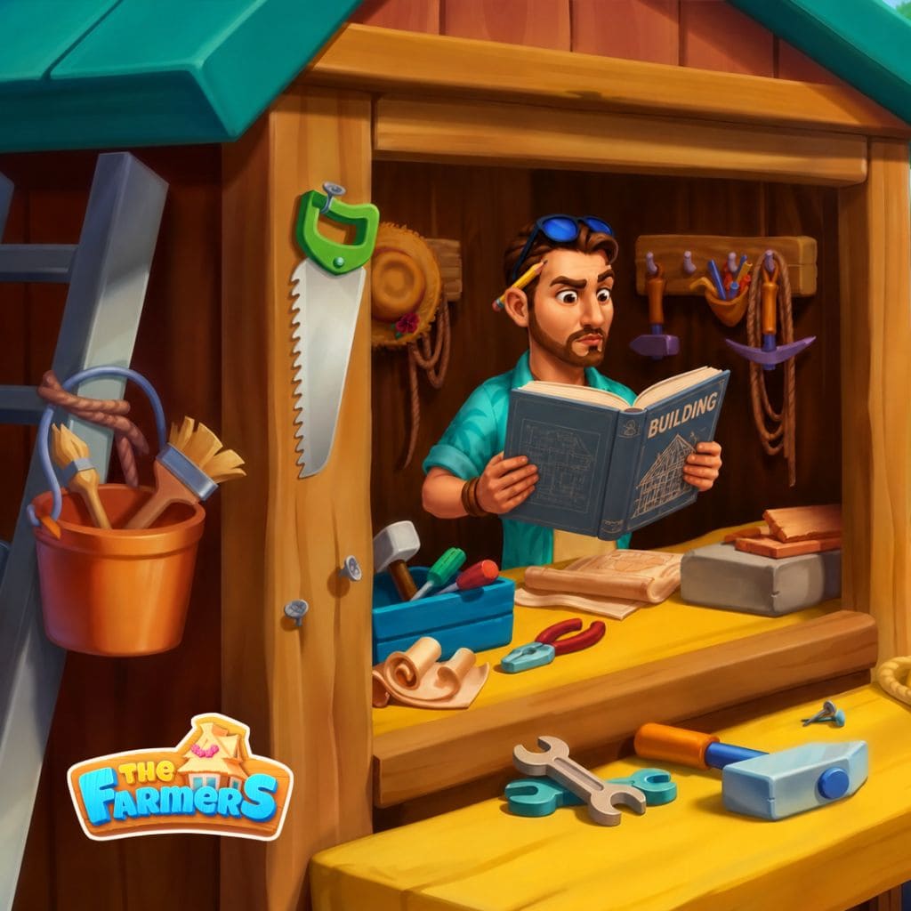 Workshop jigsaw puzzle showing a person reading a manual inside a wooden tool shed with saws, tools, and workbench