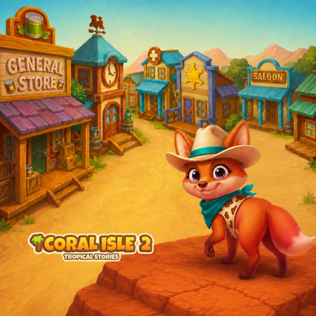 Puzzle z westernowym miasteczkiem z lisem w kostiumie na czerwonej skale nad ulicą z General Store, Saloon, wieżą zegarową i logo Coral Isle 2