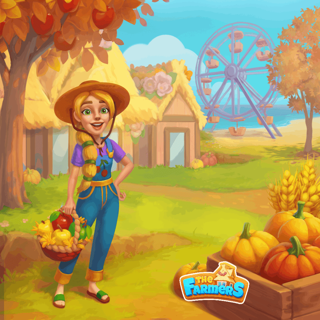 Puzzle del raccolto autunnale con figura e cesto vicino a zucche e case