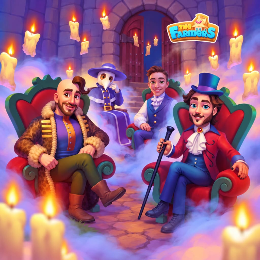 Halloween Tales Puzzle mit vier kostümierte Erwachsene in roten und grünen Sesseln in einer Steinhalle, mit Pelzmantel, Pestmaske, blauem Anzug, rotem Frack, Zylinder, Stock, schwebenden Kerzen, violettem Nebel, Rundbogentür und The Farmers Logo.