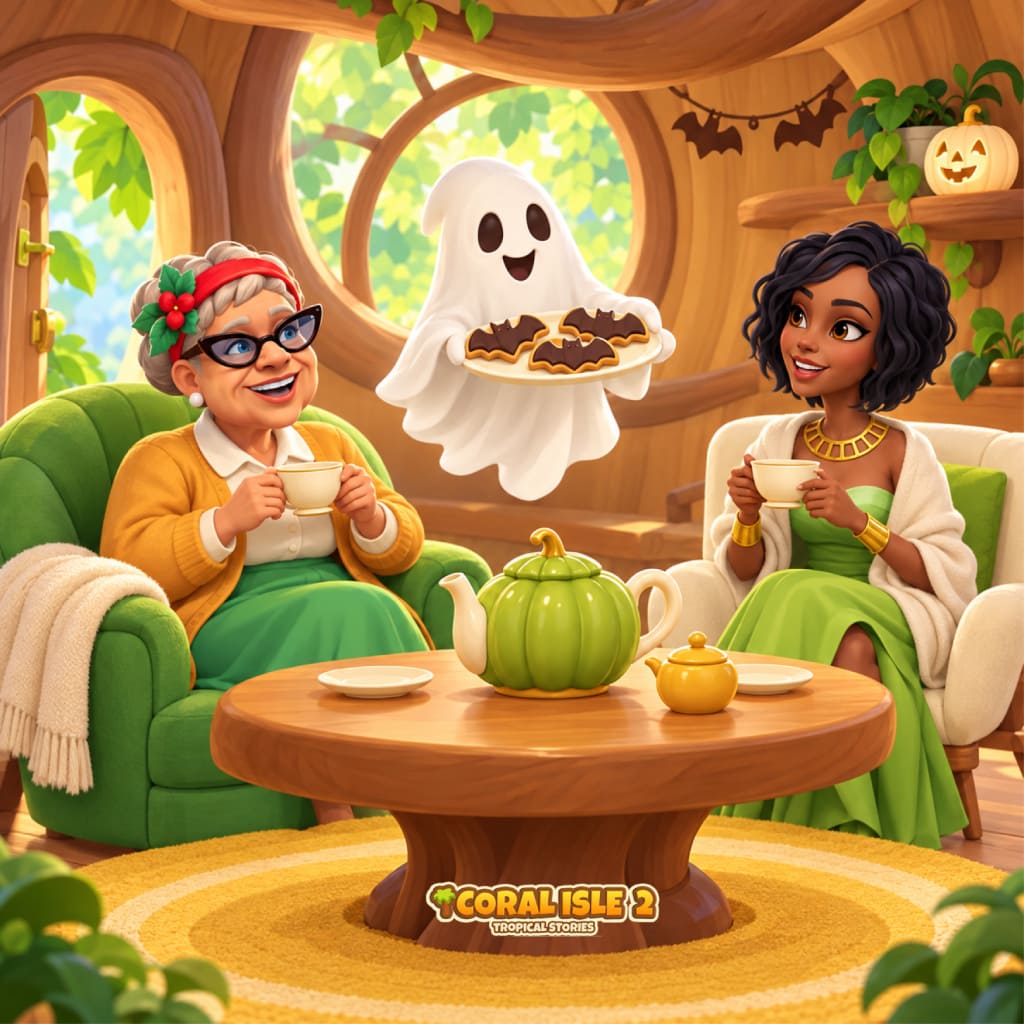 Halloween Tales Puzzle mit zwei Erwachsenen in grünen und cremefarbenen Sesseln mit Teetassen, während ein lächelnder weißer Geist ein Tablett mit Fledermauskeksen trägt, dazu grüne Kürbisteekanne, gelbe Zuckerdose, Holztisch, Fledermausgirlande, weißer Kürbis, Pflanzen, runde Fenster, Tageslicht und sichtbares Coral Isle 2: Tropical Stories Logo.