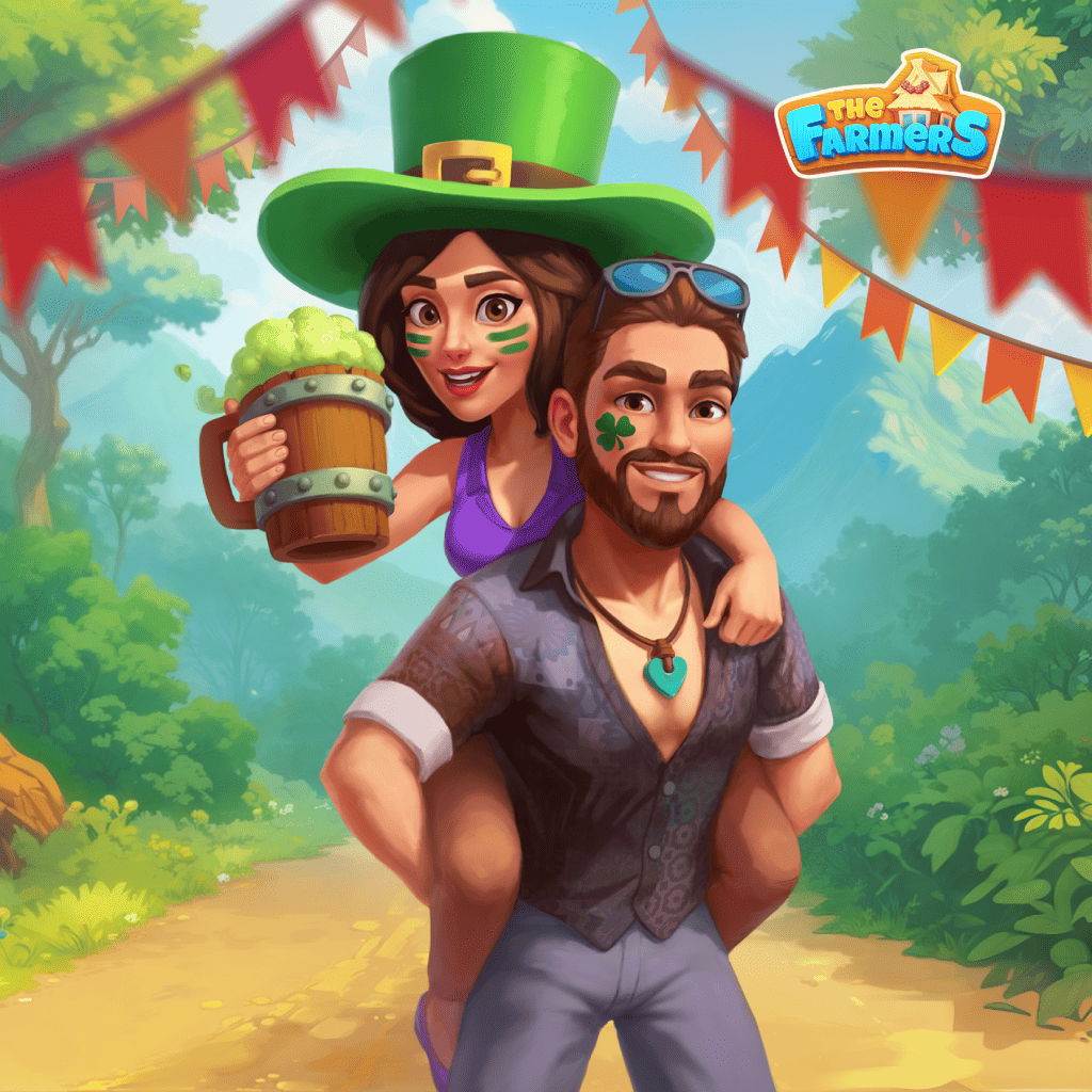 Puzzle de pub al aire libre con dos figuras caminando con jarra bajo adornos festivos, colección Encuentros en el pub