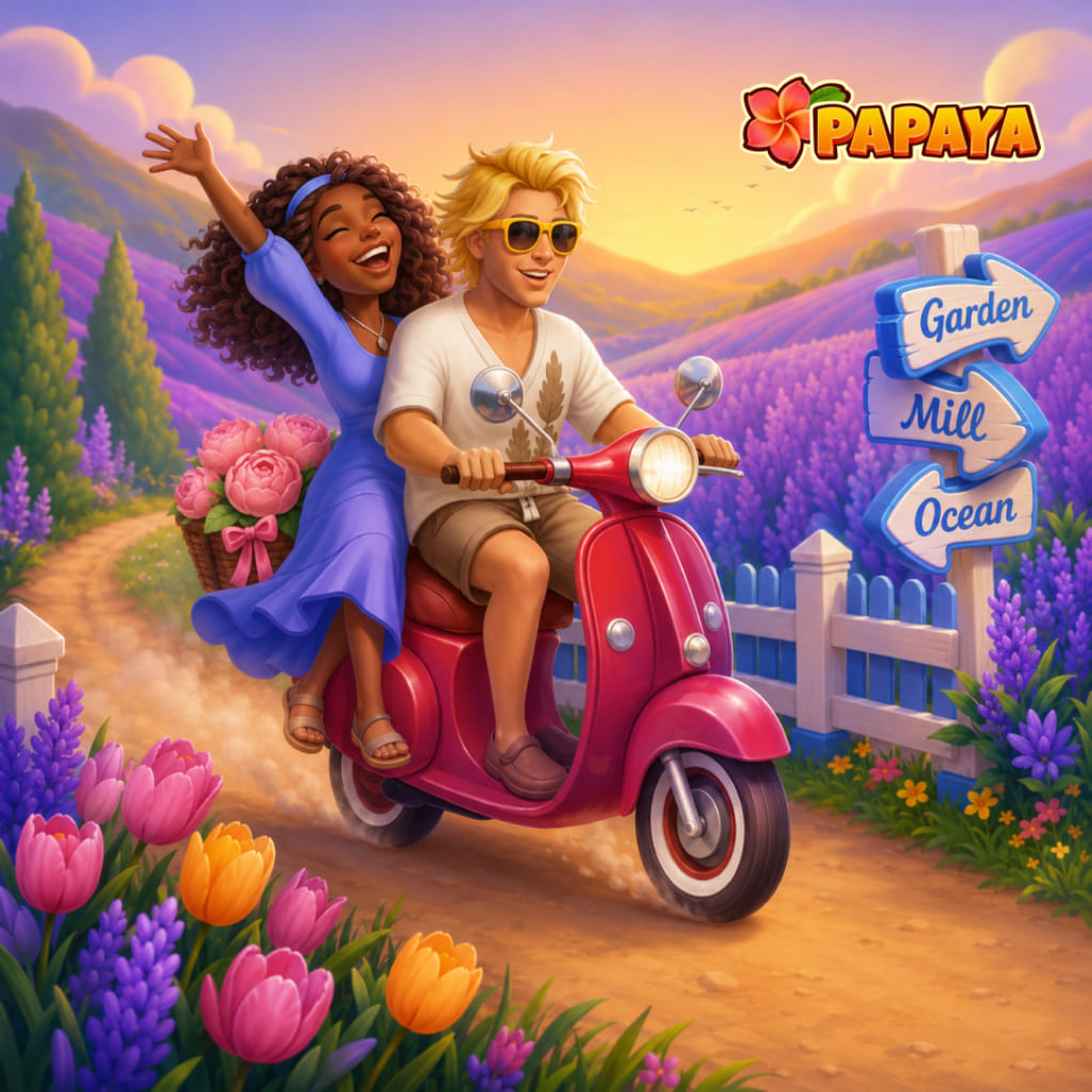 Puzzle con campo fiorito e due personaggi su uno scooter rosa tra tulipani e lavanda