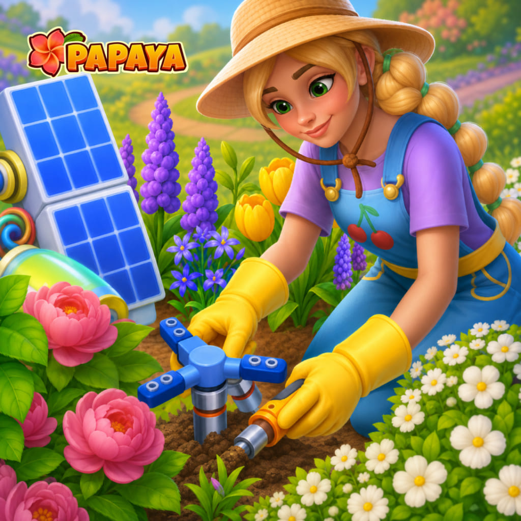 Puzzle di giardino fiorito con giardiniera che installa irrigazione vicino a pannelli solari