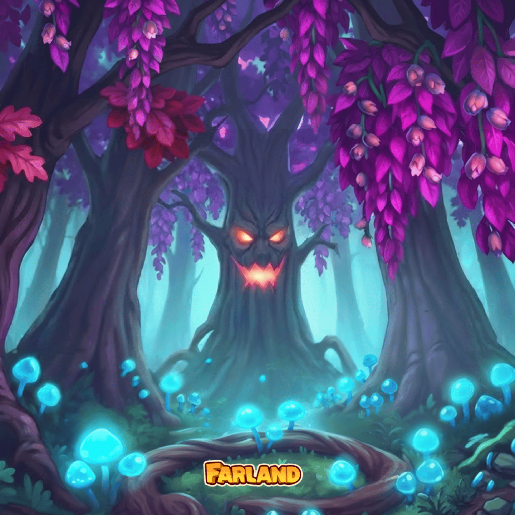 Fantasy‑Wald‑Puzzle mit großem Baum, leuchtenden Augen, violetten Blättern und Pilzen