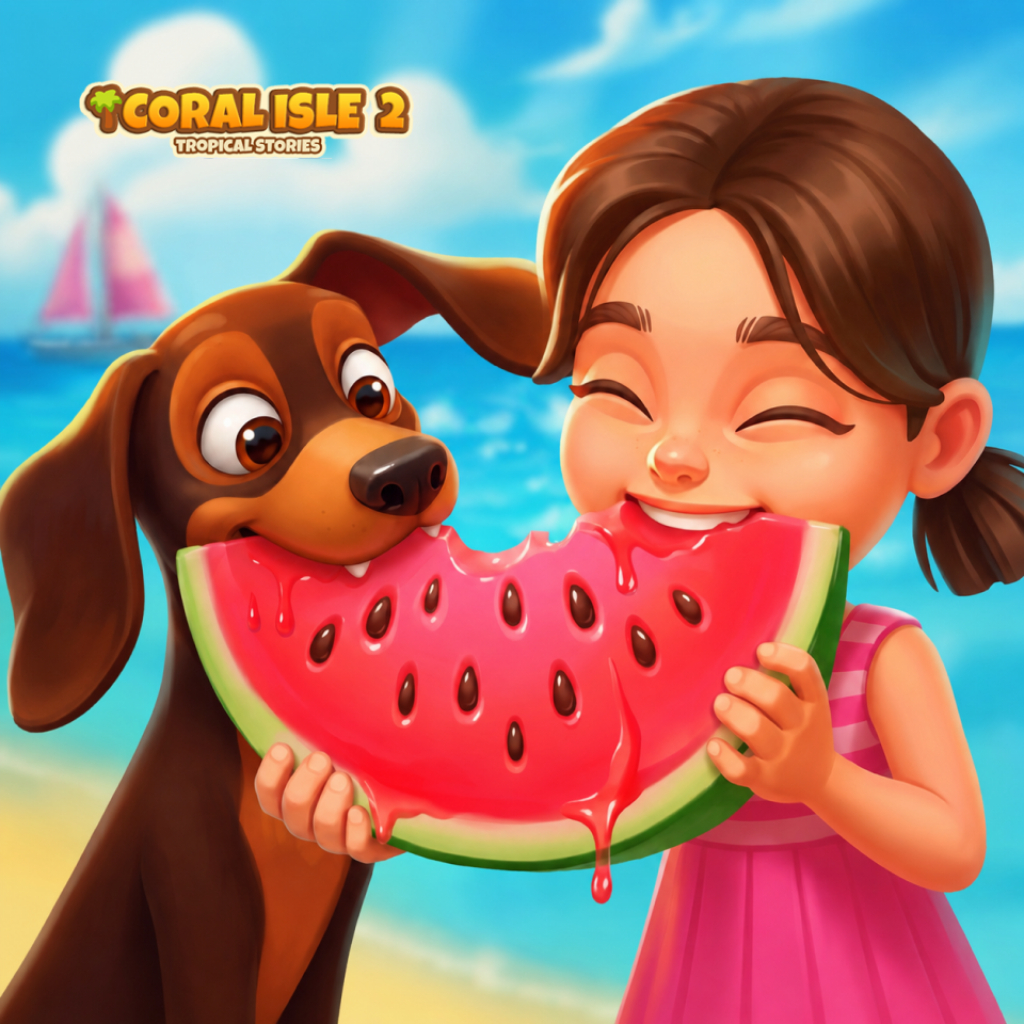 Puzle Molly's Diary con una escena soleada en la playa, con un personaje y un cachorro marrón compartiendo una gran rebanada de sandía, mar azul y cielo al fondo, un pequeño velero y el logotipo Coral Isle 2: Tropical Stories en la esquina superior.