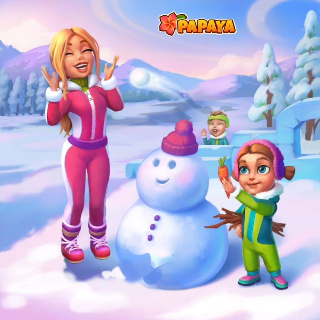 Winter‑Puzzle mit Kindern beim Spielen mit einem Schneemann auf verschneitem Feld