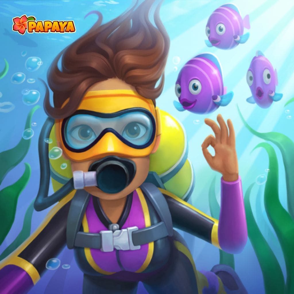 Personaggio Papaya che fa immersioni sott’acqua con pesci tropicali colorati e piante marine, facendo il gesto OK con la mano in una scena d’avventura oceanica luminosa e allegra