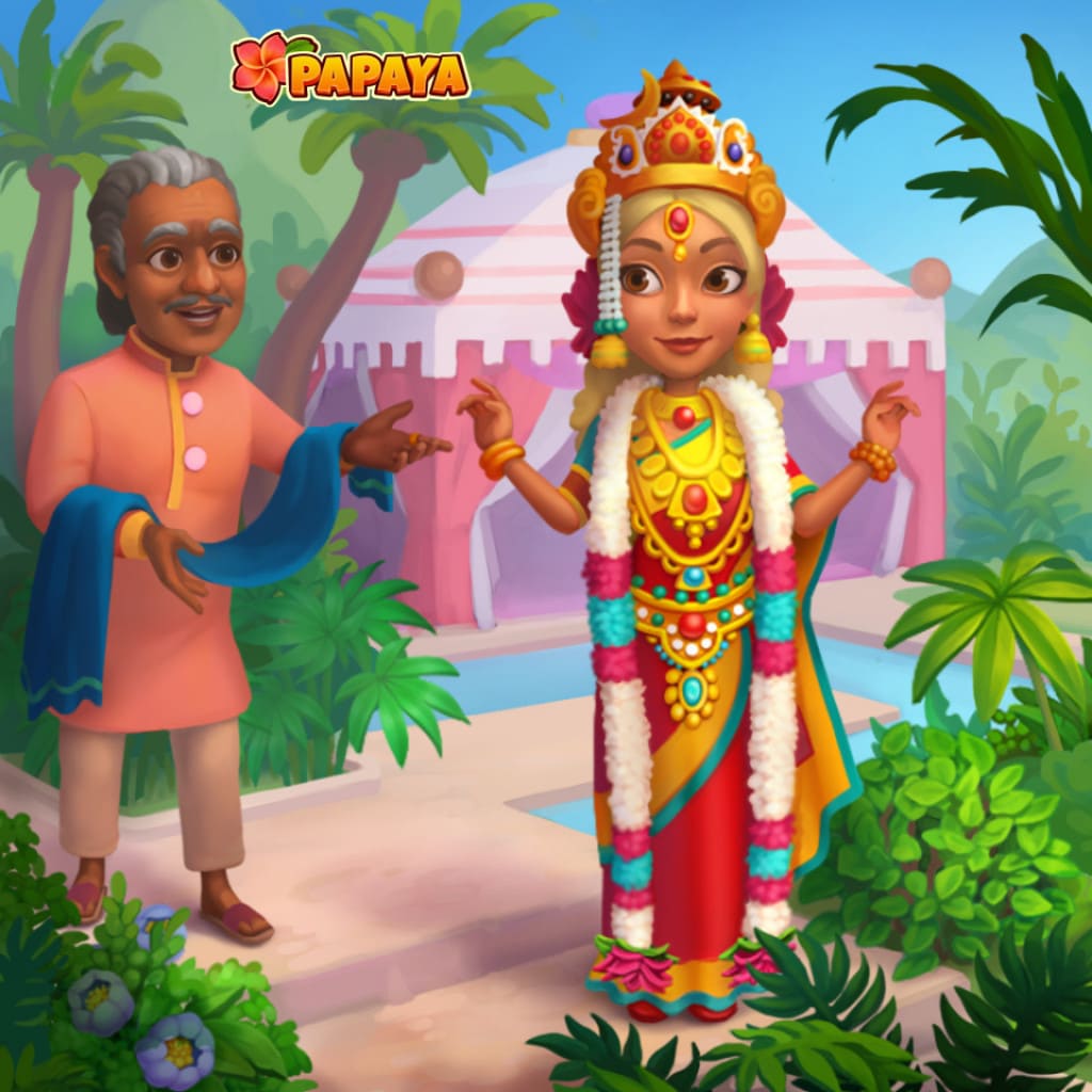 Puzzle cultural con dos figuras con vestimenta tradicional junto a plantas tropicales
