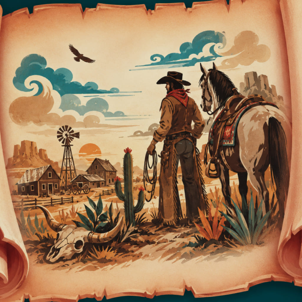 Western-Landschafts-Puzzle mit illustrierter Figur neben Pferd, Windmühle, Häusern, Kaktus, Schädel, Adler und Sonnenuntergang