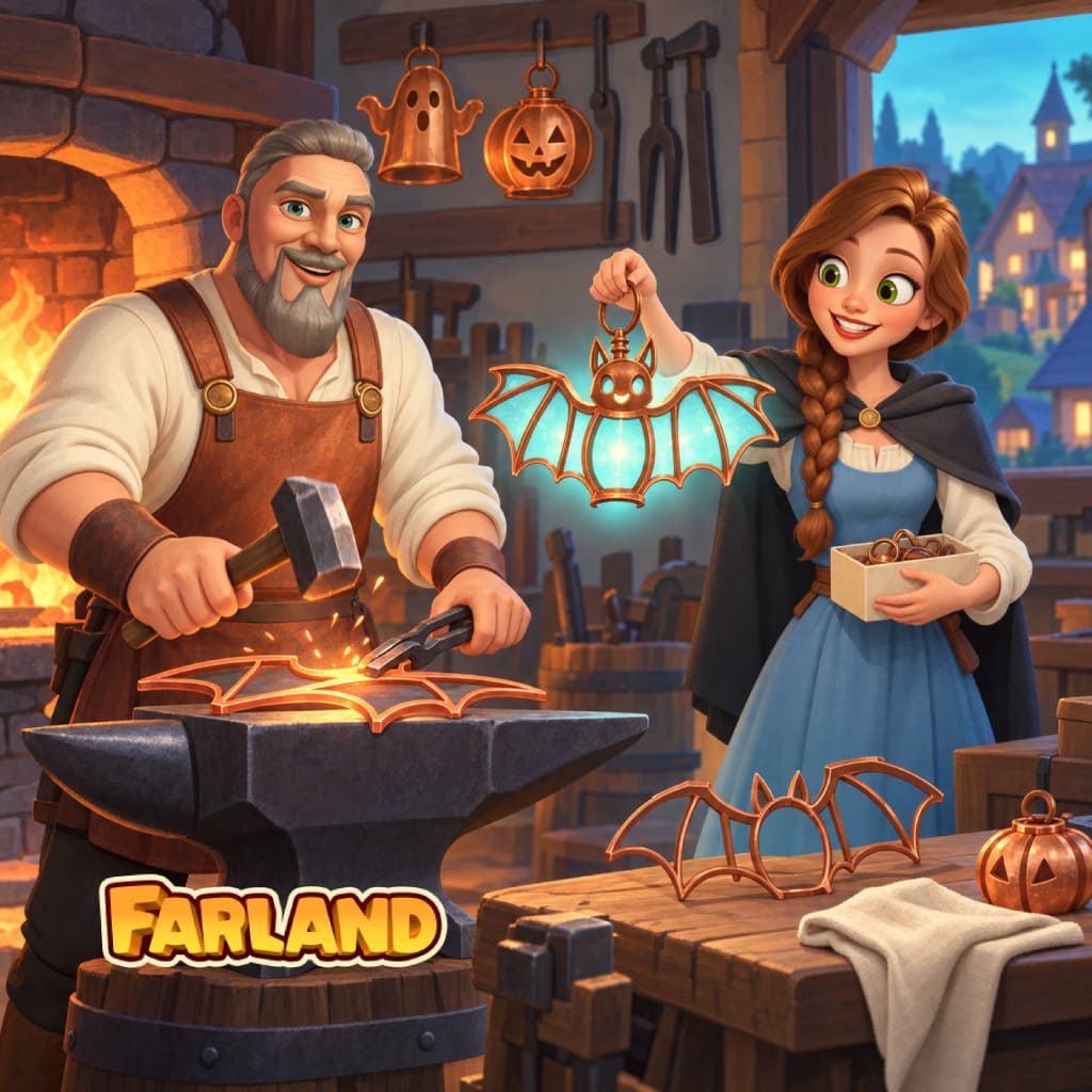 Halloween Tales Puzzle mit ein älterer Handwerker hämmert einen Kupferrahmen, während eine Assistenz eine türkise Fledermauslampe zeigt, mit Feuer, Funken, Werkzeugen, Metallgeistern und Kürbissen, Dorffenstern, Werkbank und Farland Logo.