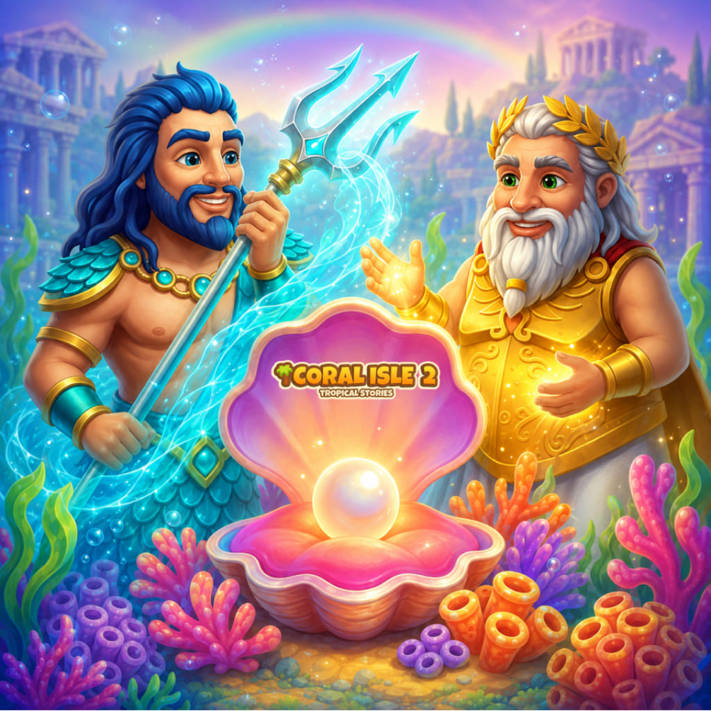 Puzzle de arrecife submarino con dos figuras ilustradas, perla brillante en concha abierta, corales, plantas y logo Coral Isle 2
