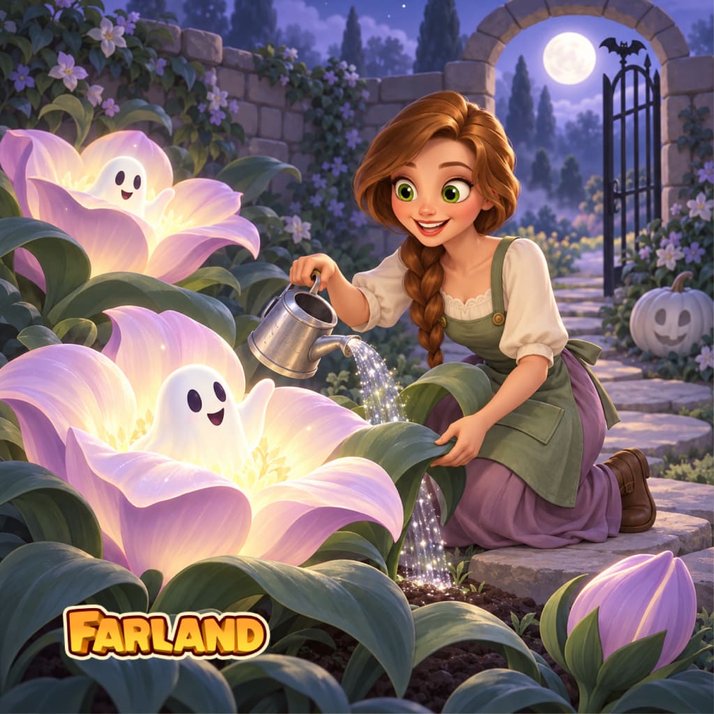 Halloween Tales Puzzle mit einer erwachsenen Person, die in einem Mondgarten große leuchtende rosa Blumen mit lächelnden weißen Geistern gießt, dazu Metallgießkanne, dunkelgrüne Blätter, violetter Rock, grüne Schürze, Steinweg, Efeumauern, weiße Blüten, offenes Tor, Vollmond, Fledermaus, weißer Kürbis und sichtbares Farland Logo.