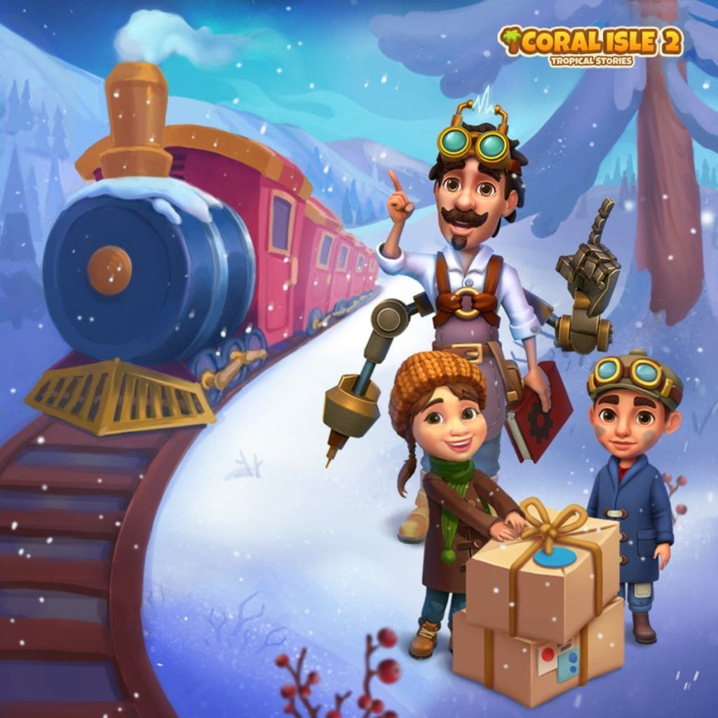 Winter‑Puzzle mit Dampflok im Schnee und Personen neben gestapelten Geschenke