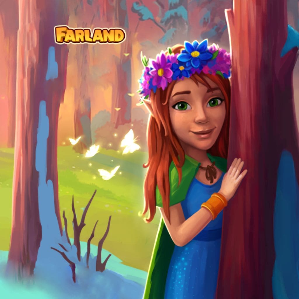 Puzzle di radura nel bosco con figura che indossa una corona di fiori accanto a un albero