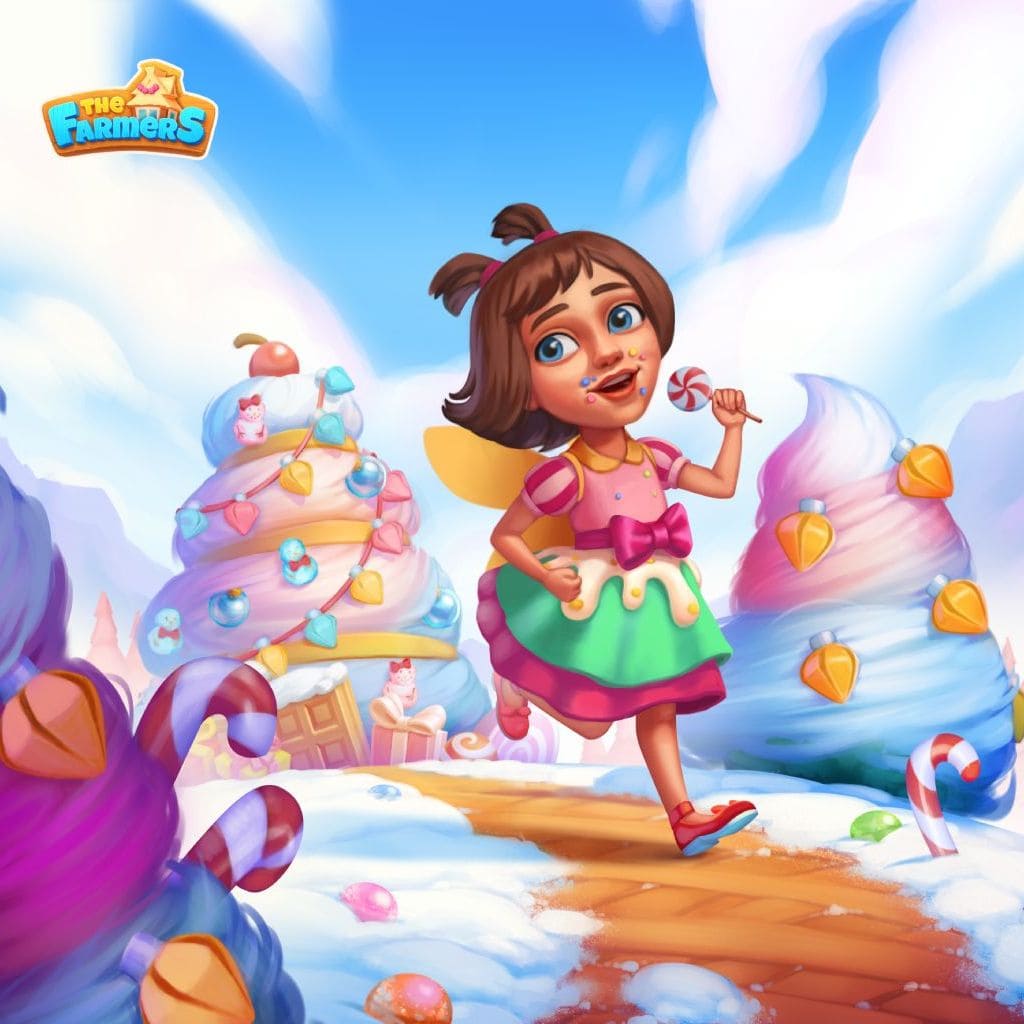 Fantasy‑Winter‑Puzzle mit verschneiter Landschaft, Süßigkeiten und eisigen Hügeln