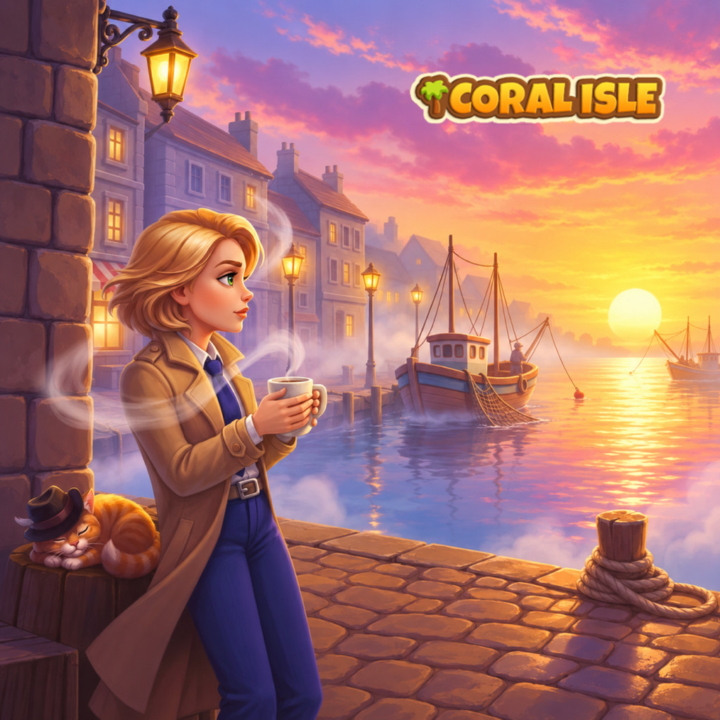 Puzzle Good Morning con una persona adulta con cappotto beige e tazza fumante nel porto all’alba, con barche, lampioni, riflessi, corda, gatto arancione con cappello e logo Coral Isle.