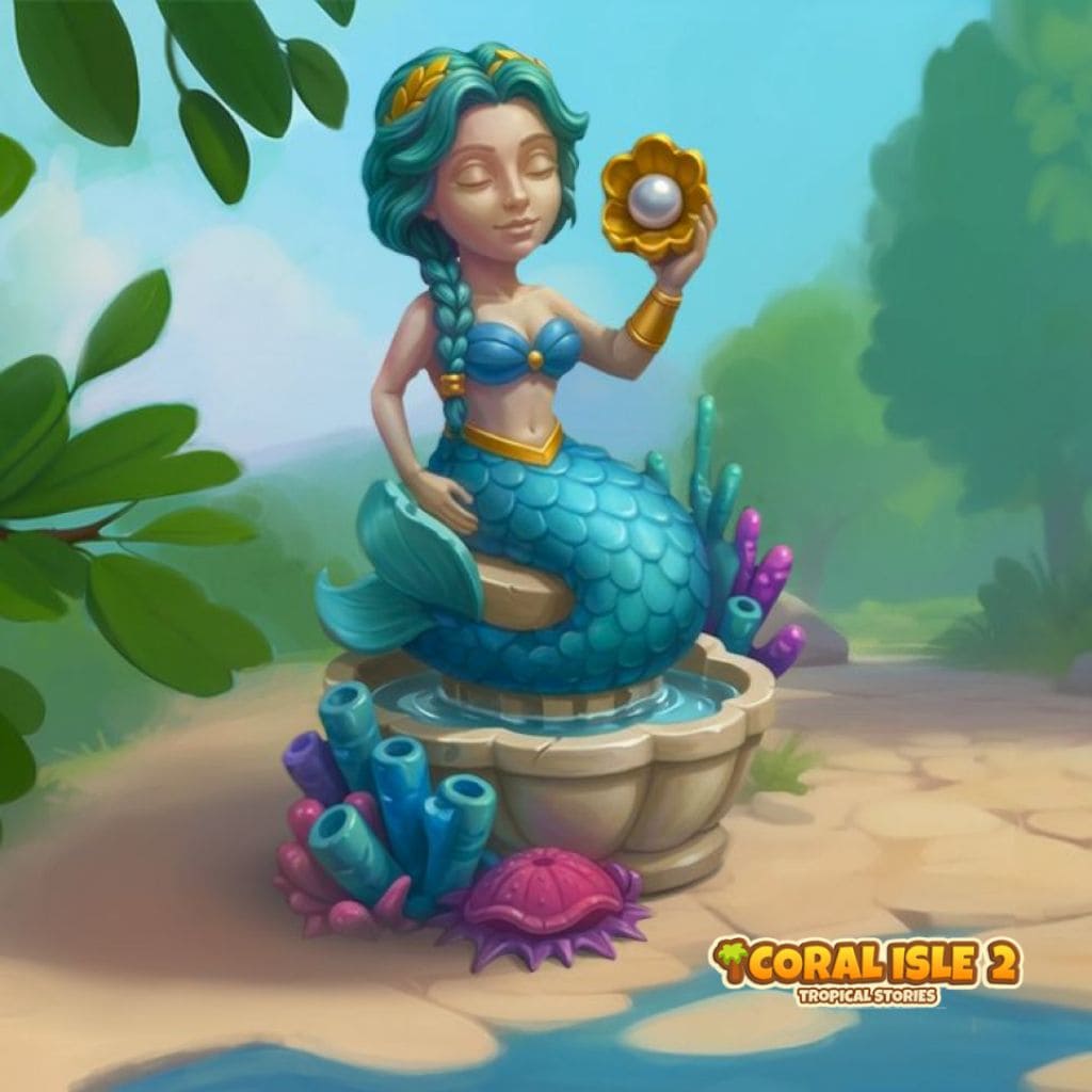 Puzzle submarino con estatua de sirena sobre pedestal rodeada de corales, conchas y plantas