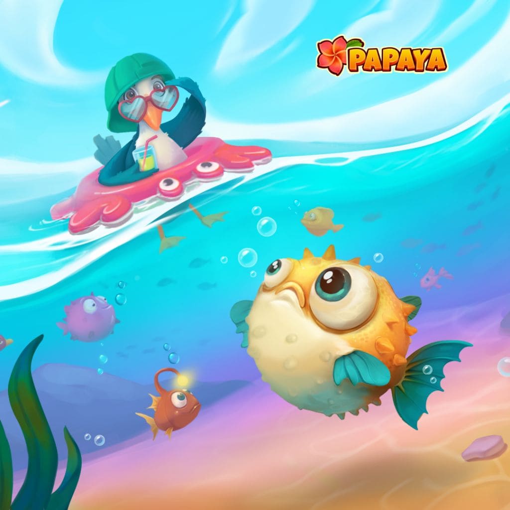 Pesce palla carino che nuota sott’acqua mentre un allegro pinguino Papaya cavalca un salvagente rosa sopra l’oceano, in una colorata scena tropicale in stile cartoon piena di bolle e pesciolini