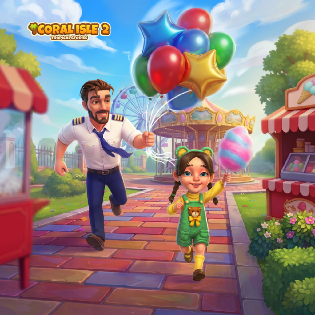 Puzle Molly's Diary con una escena de parque de atracciones: un personaje sostiene algodón de azúcar, otro lleva globos de colores, con un carrusel, una noria, puestos, flores y el logotipo Coral Isle 2: Tropical Stories en el cielo.
