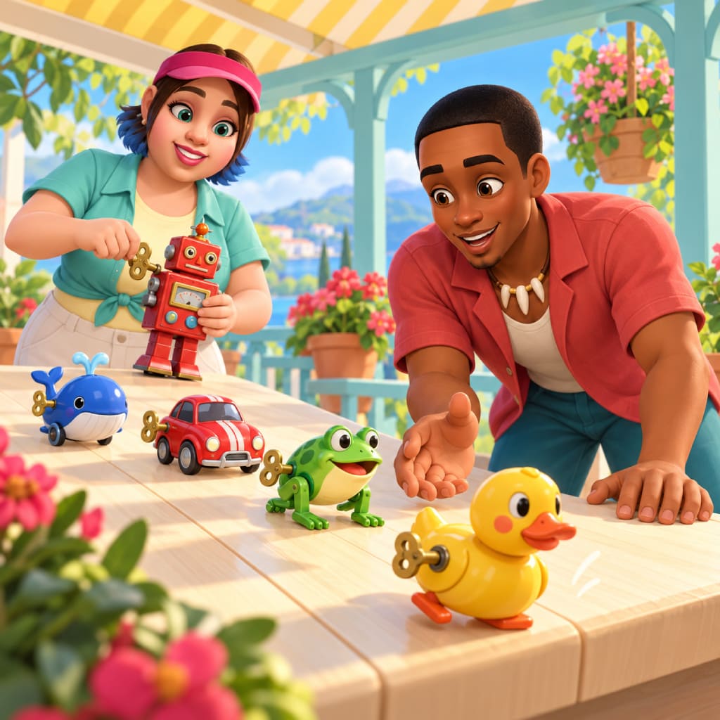Toy Tales Puzzle mit eine Person hält einen roten Aufziehroboter, während eine andere nach einer gelben Ente greift, mit blauem Wal, rotem Auto, grünem Frosch, Messingschlüsseln, Blumen, Bergen, gestreifter Markise und Terrassentisch.