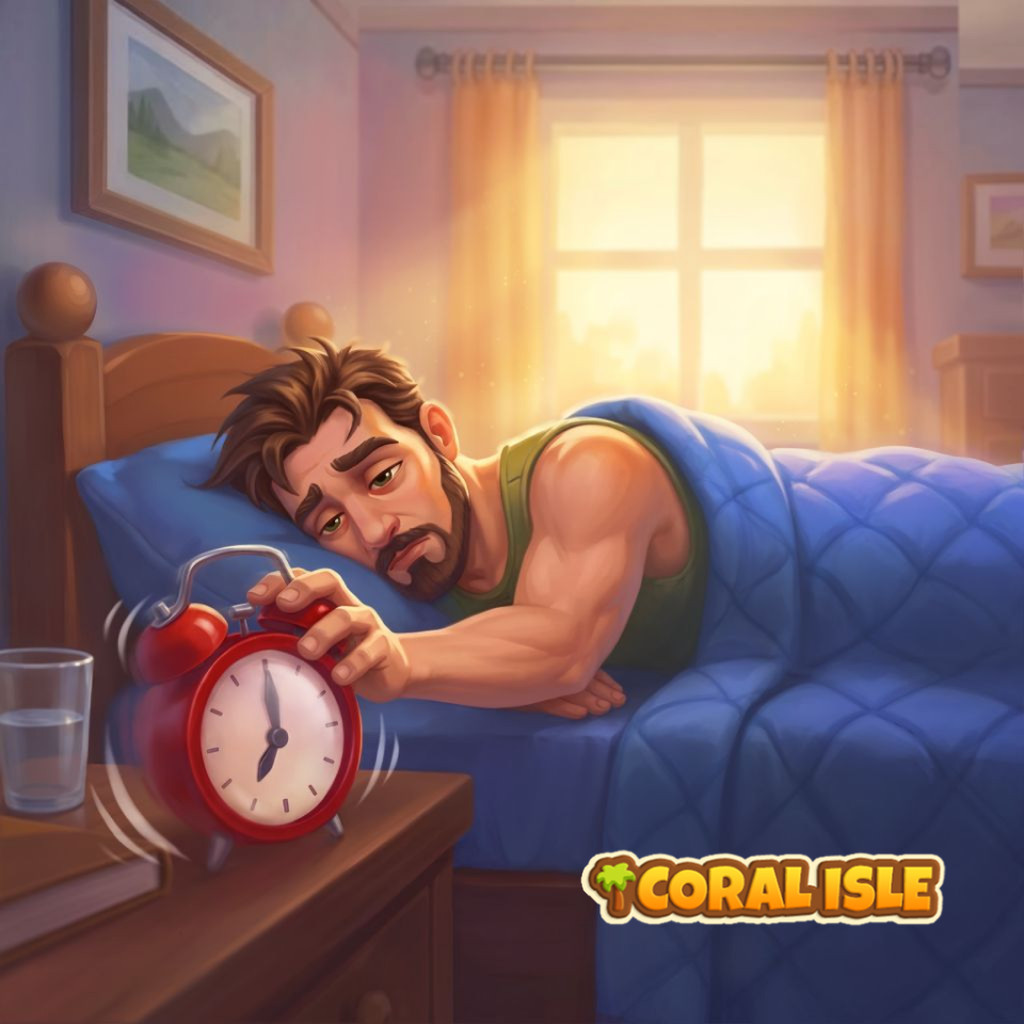 Puzzle Good Morning con una persona adulta addormentata in un letto blu che raggiunge una sveglia rossa sul comodino, con bicchiere d’acqua, sole, quadri e logo Coral Isle.