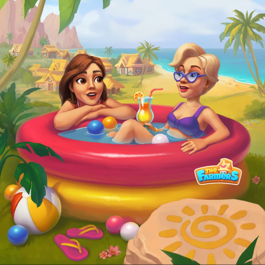 Due donne allegre di The Farmers si rilassano in una piscina gonfiabile colorata con un drink tropicale, circondate da un villaggio balneare soleggiato e da un accogliente scenario isolano
