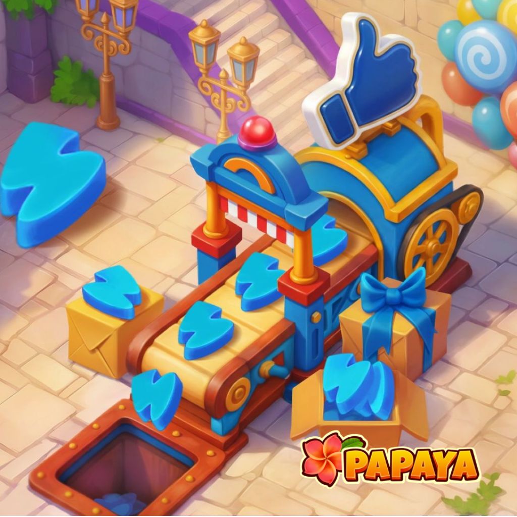 Puzzle de fábrica con cinta transportadora de símbolos azules de energía y cajas